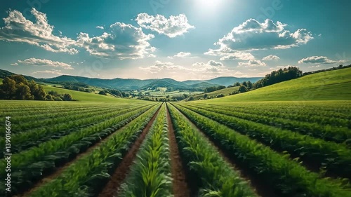 Wallpaper Mural Green Rows under the blue sky: An eye-level panorama showcases a meticulously cultivated agricultural field with verdant rows stretching towards a scenic horizon. Torontodigital.ca