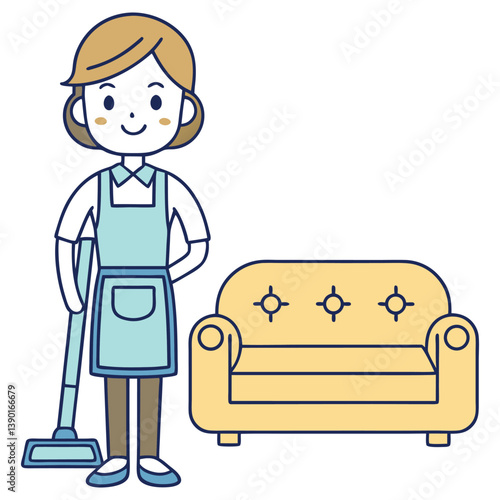 Woman Cartoon Housekeeper Holding Mop Stands Beside Yellow Sofa