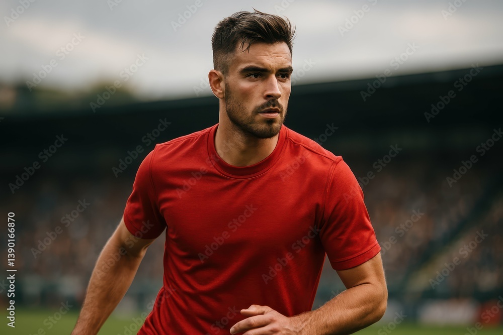 Fototapeta premium Focused male athlete running on a soccer field during training session
