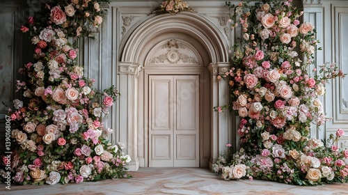 Wedding background with fresh flowers on the wall generative AI
