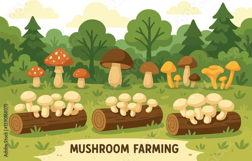 Mushroom farming in forest landscape with various fungi and logs for cultivation