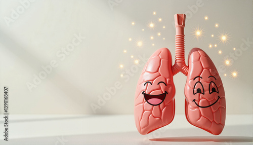 Cheerful cartoon lungs with smiling faces on a soft background for educational materials, health awareness campaigns, presentations, blogs, websites, and greeting card art