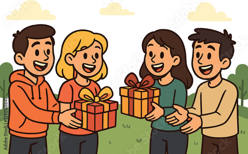 Friends exchanging gifts outdoors in a heartwarming gesture of friendship and celebration