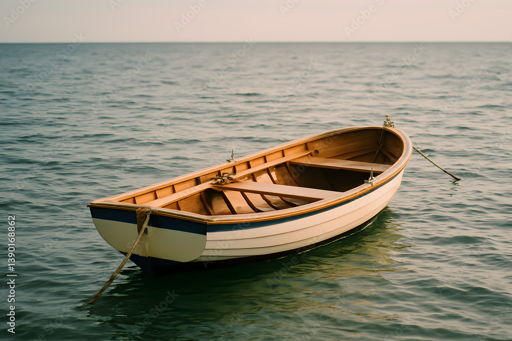 Naklejka premium Small Wooden Boat Floating on Calm Ocean Water