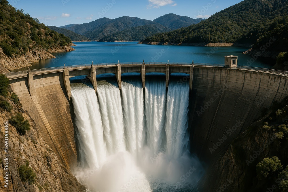 Scenic View of Waterfall Flowing from a Dam into Serene Lake Scenic View of Waterfall Flowing from a Dam into Serene Lake