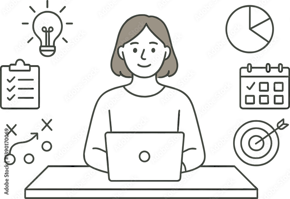 Strategic planning and productivity concept with laptop and business icons Strategic planning and productivity concept with laptop and business icons