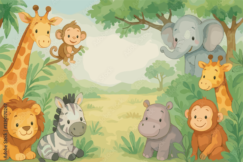 Fototapeta premium Adorable jungle animals illustration for children's room decor
