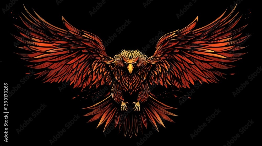 Obraz premium Fiery Eagle in Flight Isolated on Dark Background, Majestic Digital Artwork of Powerful Bird
