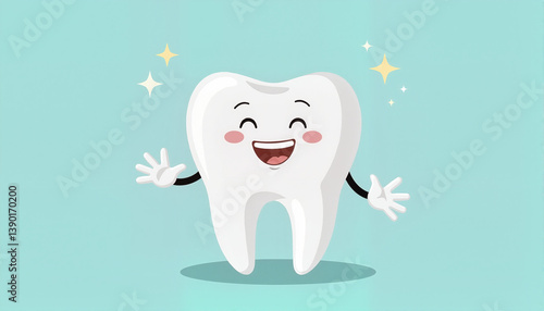 Smiling cartoon tooth character with sparkles on a teal background for blogs, websites, educational materials, dental health campaigns, children's content, greeting cards, and stationery design