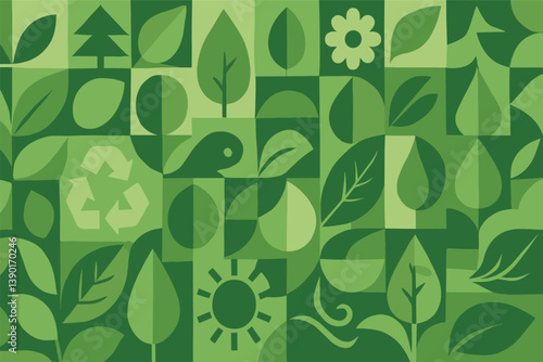 Eco-friendly geometric nature pattern with leaves and recycling symbol for green design