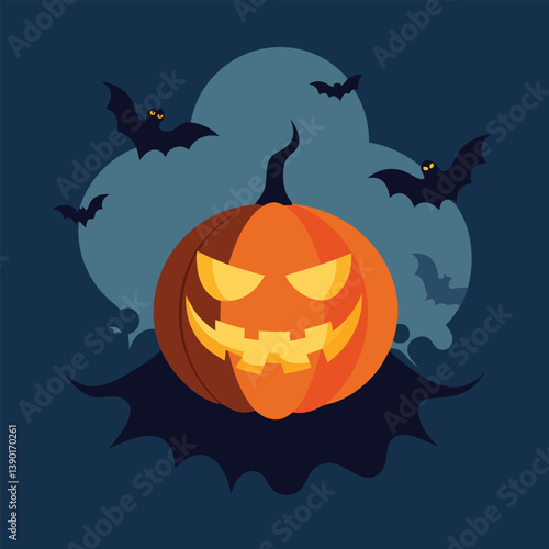 Eerie Halloween Pumpkin Illustration with Bats and a Starry Night Backdrop
