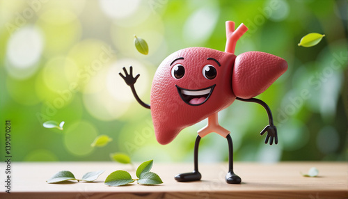 Cartoonish smiling liver character waving amidst green leaves for educational materials, health awareness campaigns, blogs, websites, and greeting card designs focused on organ health