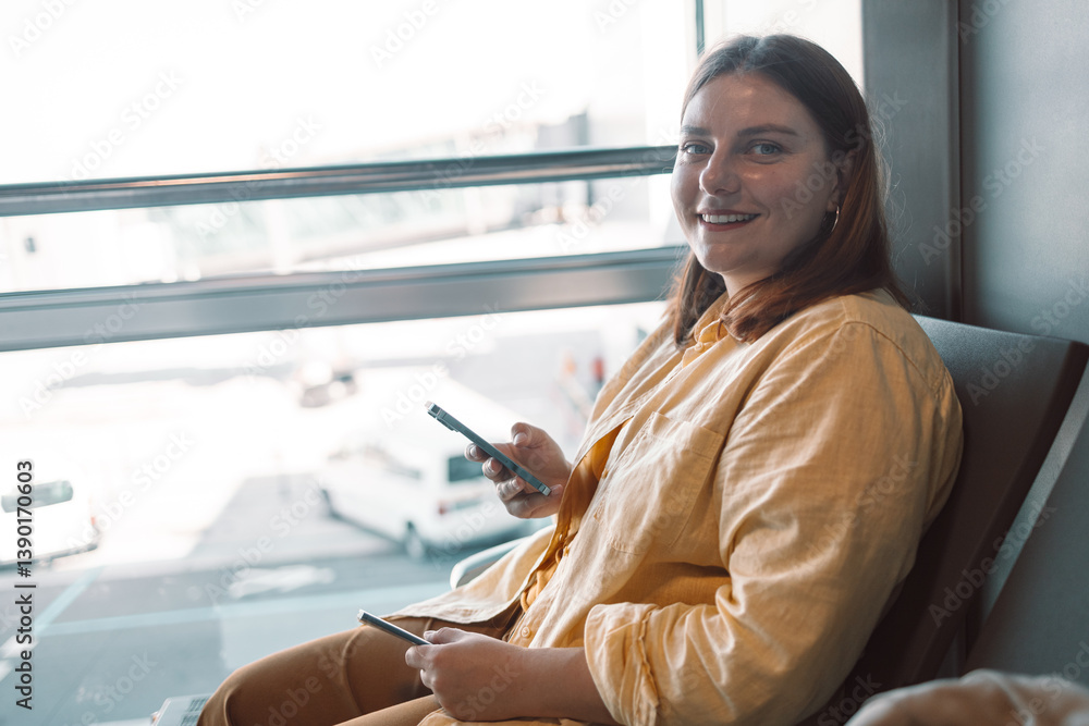 A young traveler in casual yellow attire sitting in the airport lounge using two mobile phones while waiting for her flight. Perfect for topics related to modern travel, technology, and leisure time.