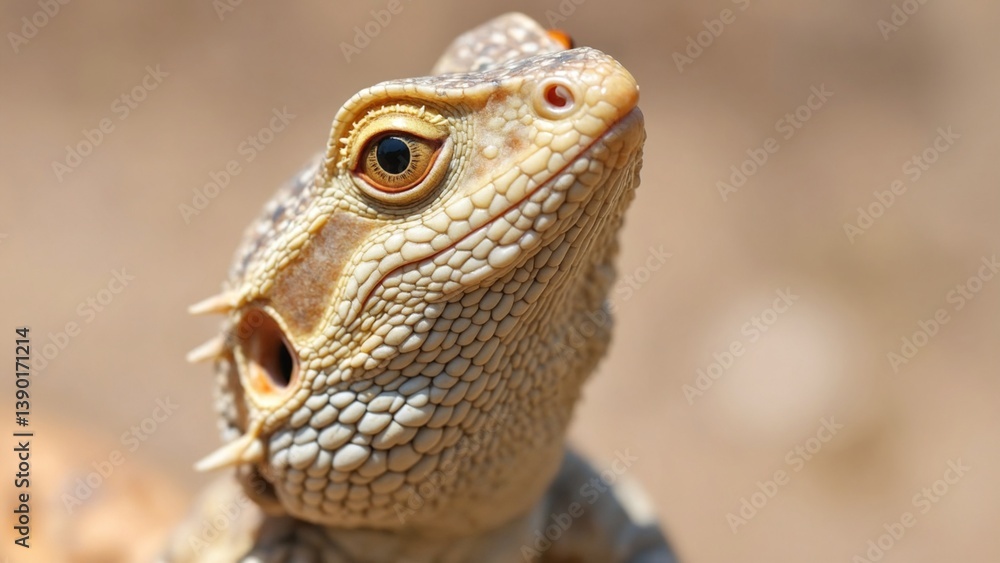 Obraz premium Close-up of Young Lizard Head Looking Up with Bright Orange Eye