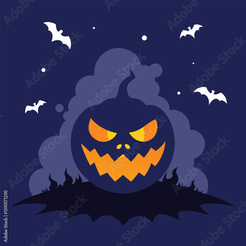 Eerie Halloween Pumpkin Illustration with Bats and a Starry Night Backdrop