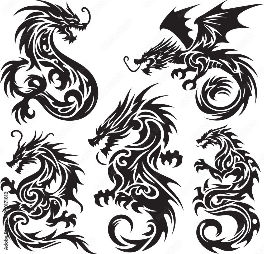 Obraz premium Tribal Dragon Tattoo Vector Illustration – Black Stylized Mythical Beast Design