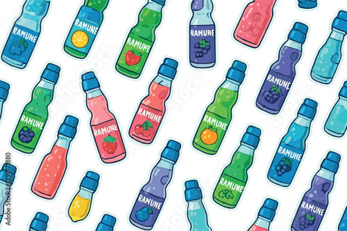 Colorful ramune bottles pattern with variety of flavors for beverage design