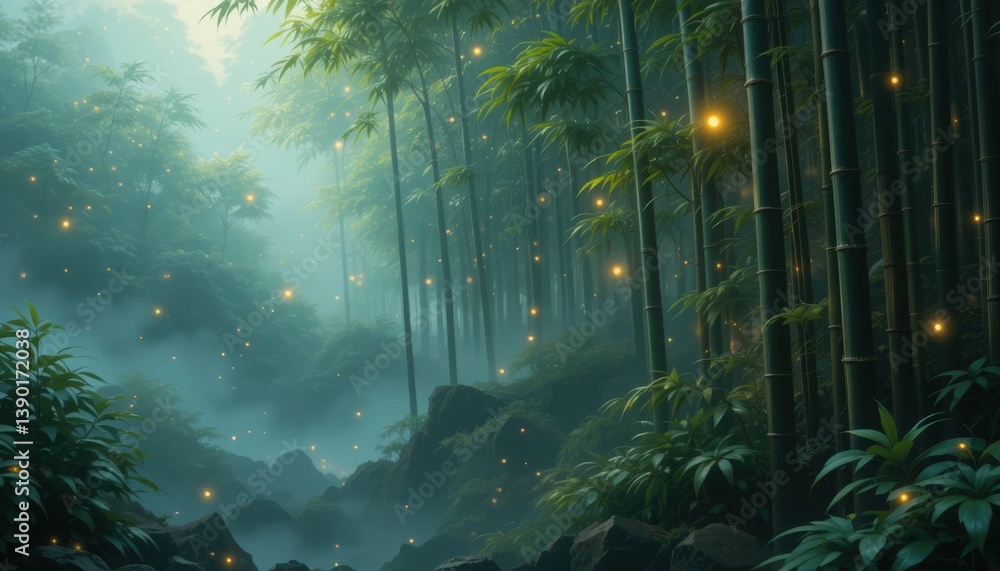 Obraz premium Emerald Bamboo Grove: Mist, Fireflies, and Verdant Foliage.