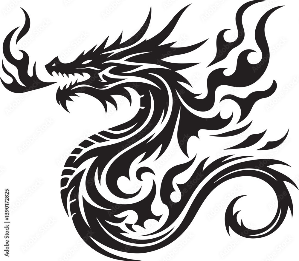 Obraz premium Tribal Dragon Tattoo Vector Illustration – Black Stylized Mythical Beast Design