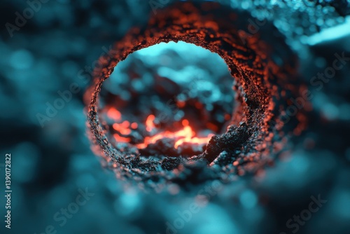 A close-up view of a textured, glowing surface, showcasing vibrant colors and intricate details reminiscent of volcanic or molten materials.