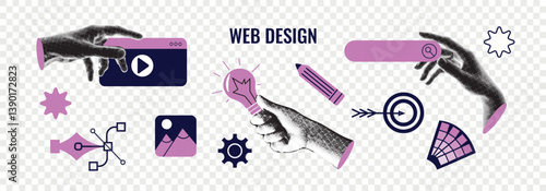 Collage banner concept for website or app design, featuring halftone hands working on ui ux or mobile applications. Modern vector illustration for web studios, app development, ads, and landing pages.