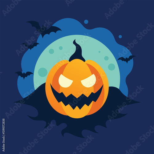 Eerie Halloween Pumpkin Illustration with Bats and a Starry Night Backdrop