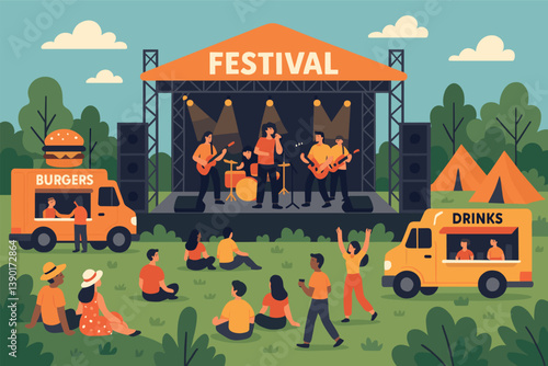 Outdoor music festival with band on stage, food trucks, and crowd relaxing in the park