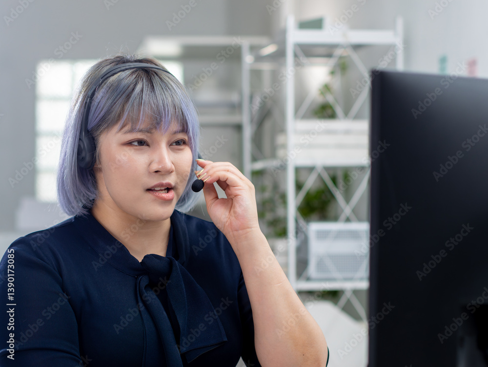 Friendly Asian woman working as a customer support operator with a headset in a call center office. Portrait of female sales agent talking to client working at desk. Customer service representative. Friendly Asian woman working as a customer support operator with a headset in a call center office. Portrait of female sales agent talking to client working at desk. Customer service representative.