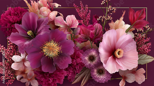 The image showcases a stunning floral arrangement featuring an array of flowers in rich shades of purple, pink, and burgundy. Luxurious floral arrangement with purple and pink flowers framed