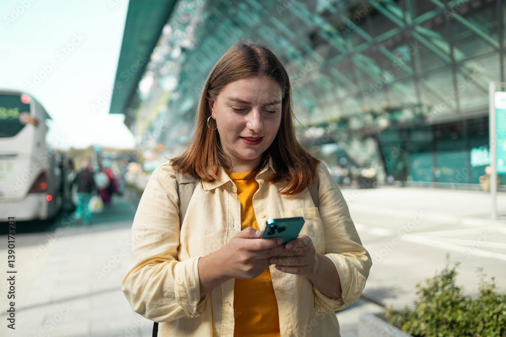 Young woman in a yellow top and light jacket is texting on her smartphone while standing at the airport. The modern technology is central to her interaction, capturing the essence of digital