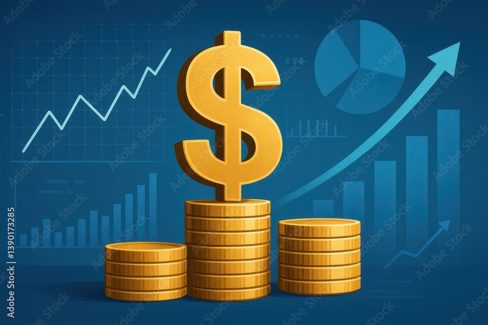 Golden Coins and Dollar Sign with Financial Growth Background Golden Coins and Dollar Sign with Financial Growth Background