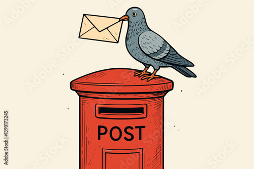 Pigeon delivering letter on red postbox illustration