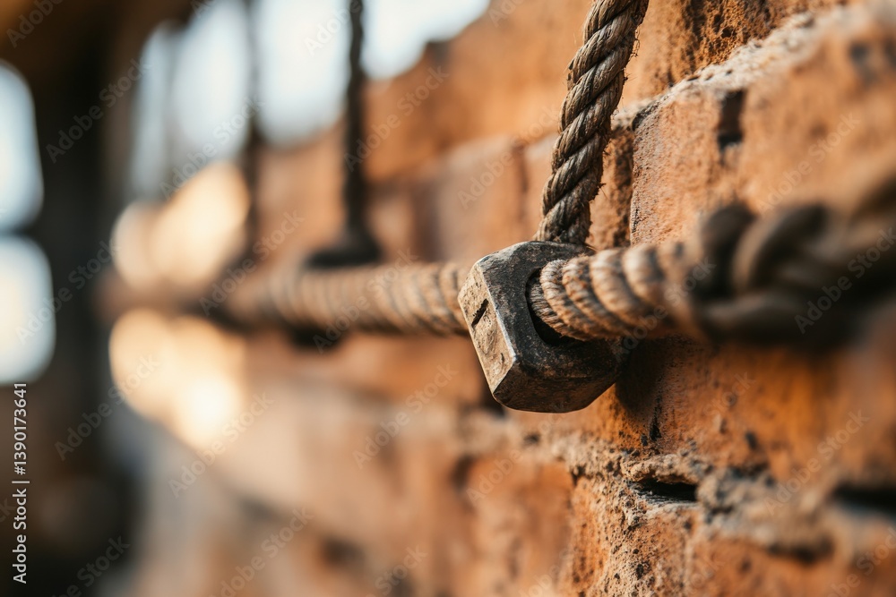 Obraz premium A close-up image of a rusty bolt securing a thick rope against a weathered brick wall, showcasing industrial textures and materials.