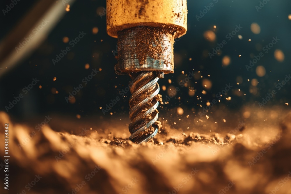 A close-up of a drill bit cutting into the ground, with debris and dust scattering, highlighting the power and precision of drilling tools.