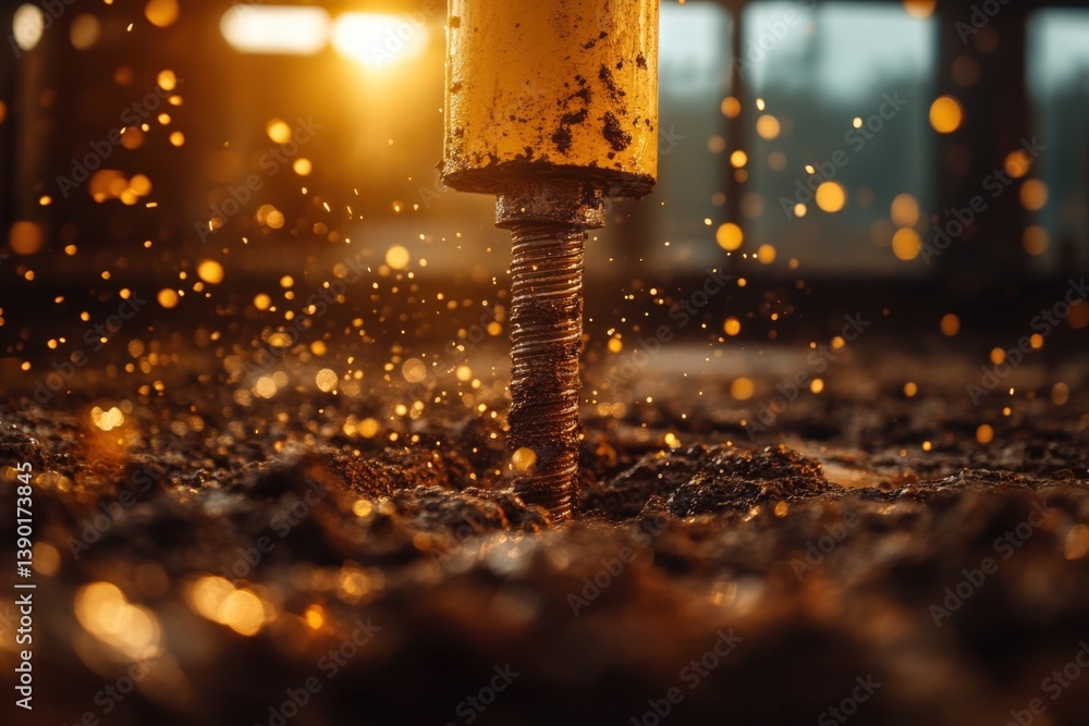 A close-up of a drilling tool in soil, with shimmering droplets of water being splashed, illuminated by warm sunlight.