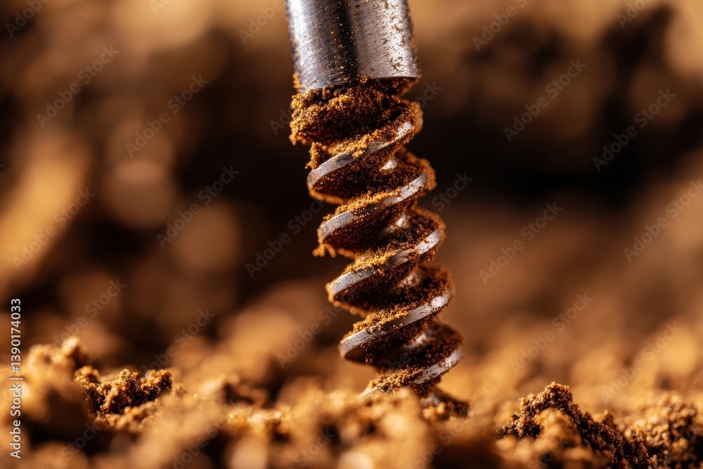 A close-up of a metallic screw drill bit embedded in rich, dark soil, showcasing intricate details of the spiral design against a blurred background.