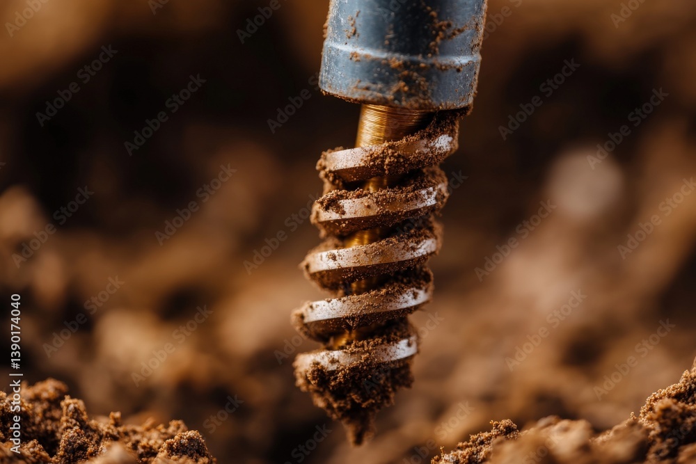 A close-up of a drill bit embedded in earth, showcasing its spiral design and textured surface, emphasizing the connection between tools and the ground.
