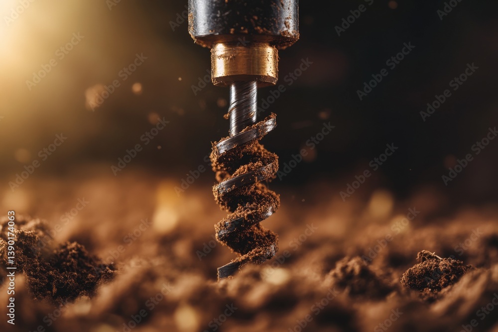 A close-up of a drill bit spiraling through rich, dark soil, capturing the essence of gardening and excavation activities in a beautifully illuminated setting.