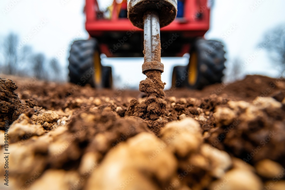 A close-up view of soil being disturbed by a farming tool, with a tractor blurred in the background, showcasing agricultural activity.