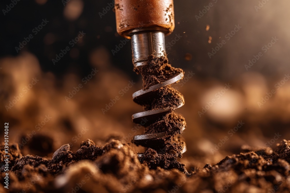 A close-up of a drill bit penetrating rich soil, showcasing the texture and movement of earth being displaced.