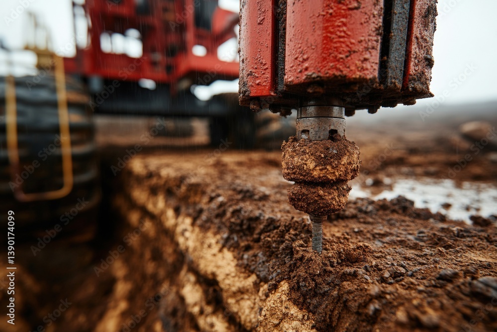 A close-up of a drilling machine's bit in muddy soil, highlighting its robust construction and the surrounding environment.