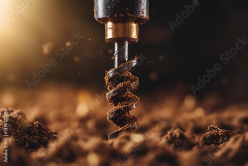 Obraz na płótnie A close-up of a drill bit spiraling through rich, dark soil, capturing the essence of gardening and excavation activities in a beautifully illuminated setting. w salonie