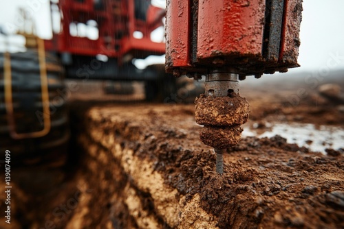 Obraz na płótnie A close-up of a drilling machine's bit in muddy soil, highlighting its robust construction and the surrounding environment. w salonie