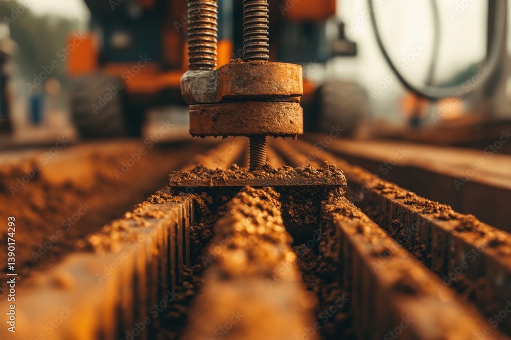 Close-up of machinery working on earth, showcasing metal parts gripping the soil, emphasizing construction and industrial processes.