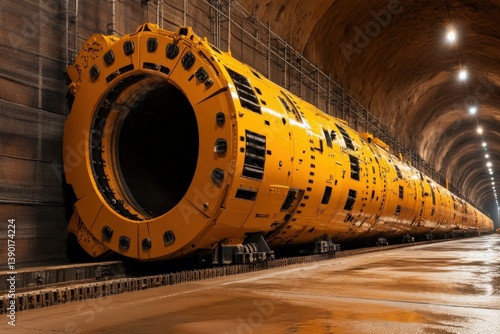 A large yellow tunnel boring machine is positioned within a dimly lit tunnel, showcasing its intricate design and engineering.