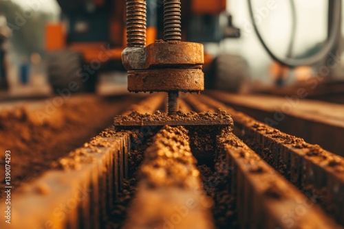 Obraz na płótnie Close-up of machinery working on earth, showcasing metal parts gripping the soil, emphasizing construction and industrial processes. w salonie