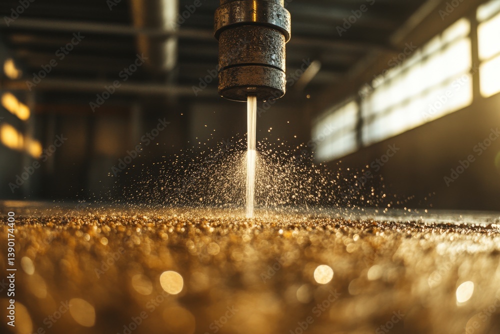 A close-up of a water jet cutting tool, spraying fine droplets in a workshop, illuminated by warm sunlight filtering through large windows.