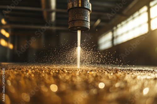 Obraz na płótnie A close-up of a water jet cutting tool, spraying fine droplets in a workshop, illuminated by warm sunlight filtering through large windows. w salonie