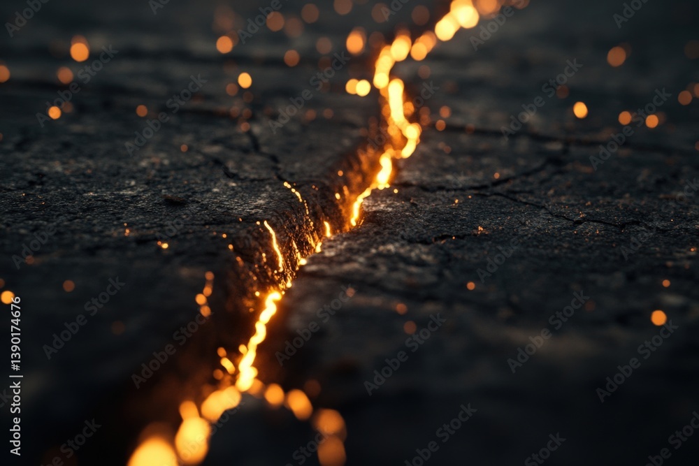A close-up view of a crack in a surface, illuminated by glowing, ember-like lights, creating a striking and dramatic visual effect.