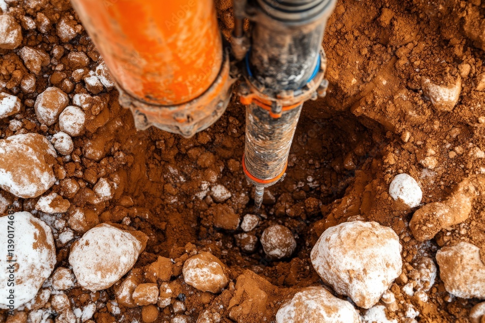A close-up of a drilling machine embedded in the ground, surrounded by rocks and dirt, showcasing excavation work in progress.